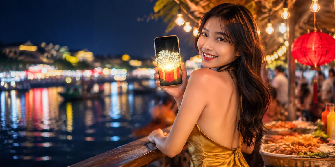 Người dùng truy cập nền tảng giải trí icd10 trên điện thoại tại chợ đêm vùng Mekong